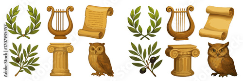 Classical Greek symbols collection featuring laurel wreath, lyre, ancient scroll, Ionic column, olive branch, and wise owl