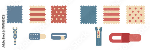 Collection of diverse fabric swatches featuring stripes, dots, and solid colors with zipper elements