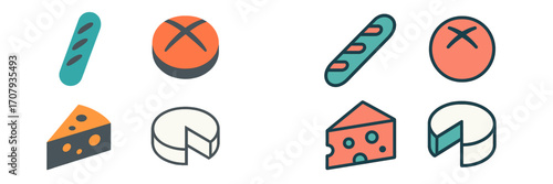 Stylized bread loaves and cheese wedges in a contemporary visual style, perfect for culinary and grocery store concepts