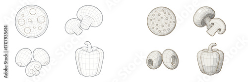 Stylized collection of common pizza ingredients featuring pepperoni slices, mushrooms, olives, and bell pepper