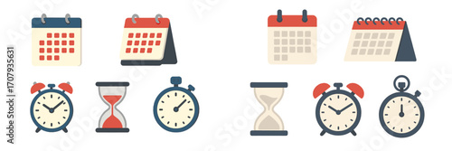 Essential time and date management icons featuring calendars, alarm clocks, stopwatches, and hourglasses