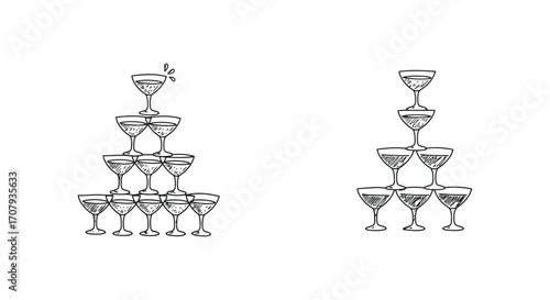 towering champagne glasses arranged in elegant pyramid formations