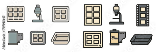 Film photography and darkroom processing equipment including microscope, film roll, negative frames, and developing trays