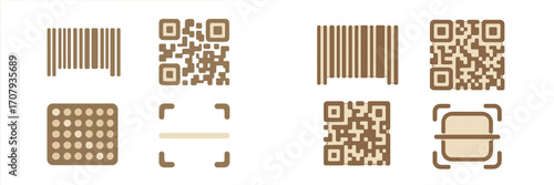 Modern barcode and QR code icons with scanning elements for digital identification, data capture, and mobile technology applications in various industries
