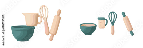 Arrangement of essential kitchen baking utensils and equipment in soft pastel colors for cooking and pastry preparation