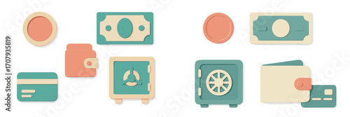 Collection of financial security and money management icons including wallets, credit cards, banknotes, coins, and safes
