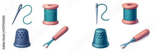 Assortment of sewing tools and crafting supplies including needle, thread spool, thimble, and seam ripper