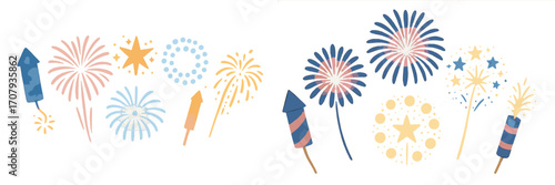 Vibrant watercolor style fireworks and firecrackers exploding in the night sky, perfect for festive celebrations and holiday events