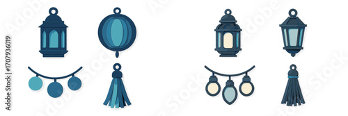 Stylized set of traditional Islamic lanterns, string lights, and decorative tassels for festive occasions