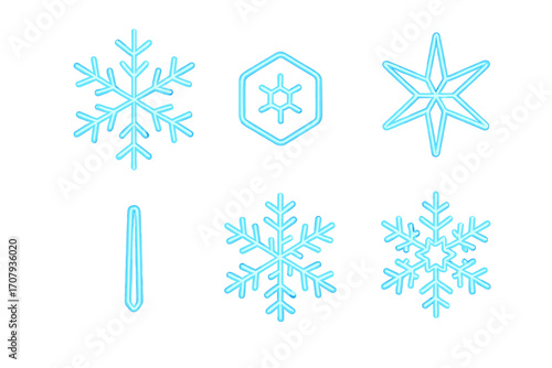 Set of bright blue neon glowing snowflake and icicle symbols representing cold weather and winter season