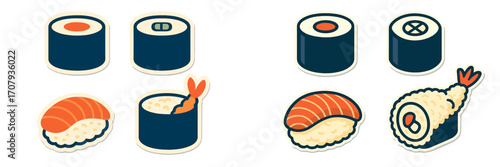Delicious collection of traditional Japanese sushi and maki rolls including nigiri, uramaki, and tempura shrimp