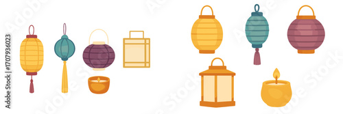 Assortment of decorative paper lanterns and lit candles for cultural celebrations and ambient lighting