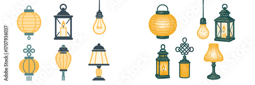 Assortment of decorative lanterns, traditional paper lamps, modern light bulbs, and classic table lamps