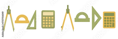 Essential geometry and mathematics tools including compass, protractor, set square, and calculator for educational purposes