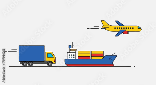 Global Logistics and Transportation with Truck Ship and Airplane.