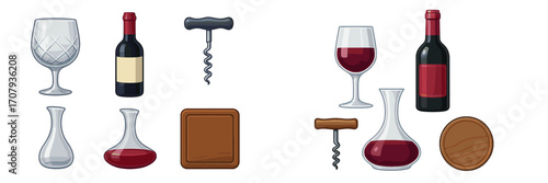 Assortment of wine bottles, glasses, decanters, corkscrews, and wooden boards for beverage and culinary themes