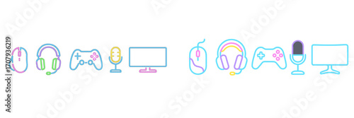 Vibrant neon gaming and streaming equipment and peripherals including mouse, headphones, controller, microphone, and monitor