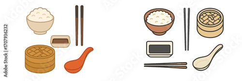 Traditional Asian dining elements with a bowl of rice, bamboo steamer, chopsticks, and sauce dish for a meal