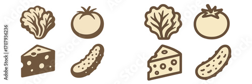 Stylized icons of fresh garden vegetables including lettuce and tomatoes with cheese and pickles for healthy diet and nutrition concepts