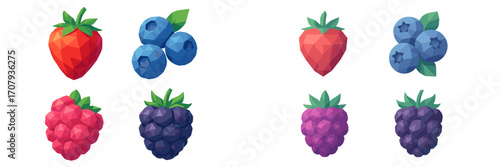 Fresh strawberries blueberries raspberries blackberries geometric low poly style