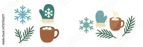 Cozy winter holiday elements featuring snowflakes, warm mittens, steaming hot cocoa mugs, and evergreen pine branches