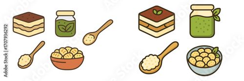 Assortment of sweet dessert, green pesto jar, wooden spoon, and bowl of gnocchi food icons for culinary themes
