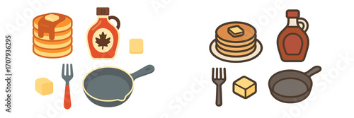 Delicious breakfast items including stacked pancakes with syrup, butter, and kitchen utensils like a frying pan and fork