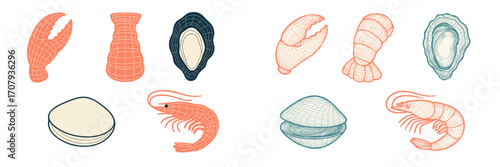 Stylized graphic elements of various fresh seafood items: lobster claw, tail, shrimp, oyster, and clam
