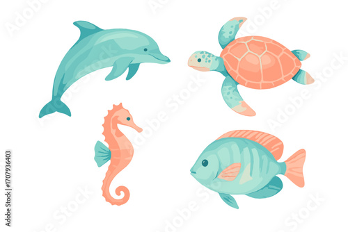 Charming watercolor style marine animals set with dolphin, sea turtle, seahorse, and tropical fish