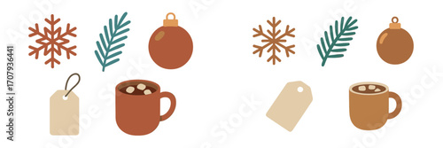Cozy winter holiday elements set with snowflakes, pine branches, Christmas ornaments, gift tags, and hot chocolate mugs