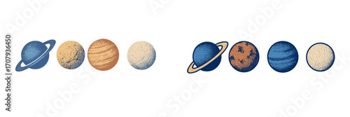 Various planets and celestial objects with textured surfaces in a space exploration and astronomy concept design