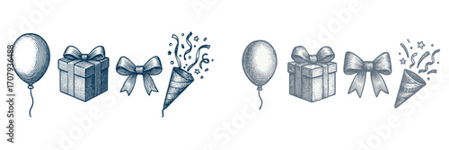 Festive celebration items including balloons, wrapped presents, decorative ribbons, and exploding party favors