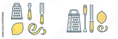 Kitchen tools for grating and zesting lemons, including a box grater, microplane, and fresh citrus fruit