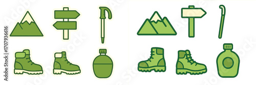 Collection of outdoor adventure hiking equipment and nature exploration symbols set including mountains, boots, signposts, and trekking poles