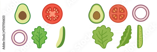 Vibrant collection of fresh sliced vegetables including avocado, tomato, red onion, lettuce, and cucumber for healthy food concepts