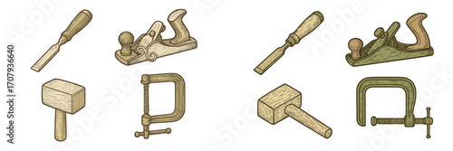 Essential woodworking hand tools set including chisels, planes, mallets, and clamps for carpentry projects