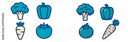 Variety of fresh healthy organic vegetables including broccoli bell pepper carrot and tomato in a modern graphic style