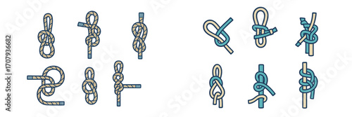 Detailed collection of various rope knots for sailing, climbing, and general utility purposes, essential for outdoor activities and safety