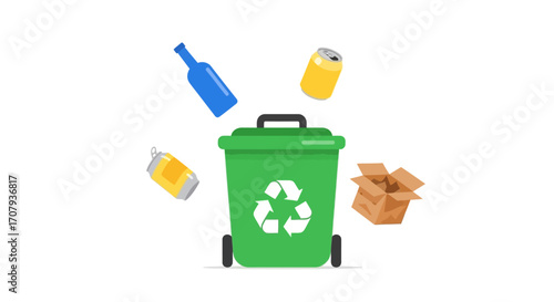 Green recycling bin with sorted waste for environmental care.