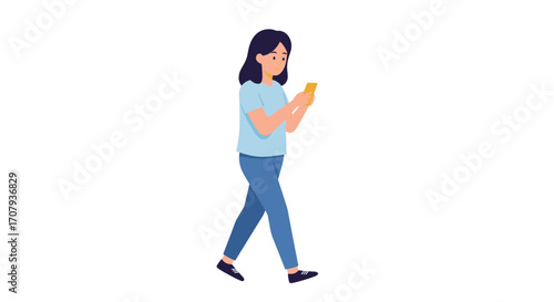 An illustrated woman in a blue shirt and jeans walking while looking down at her smartphone on a white background.