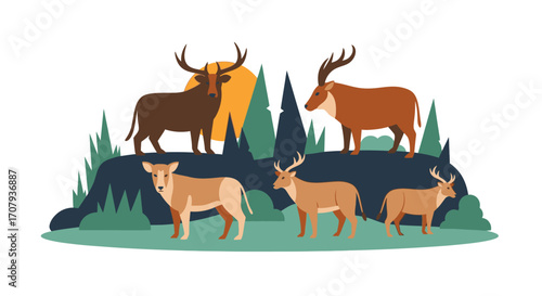 Group of Deer in Natural Habitat Illustration with Trees and Sunlight.