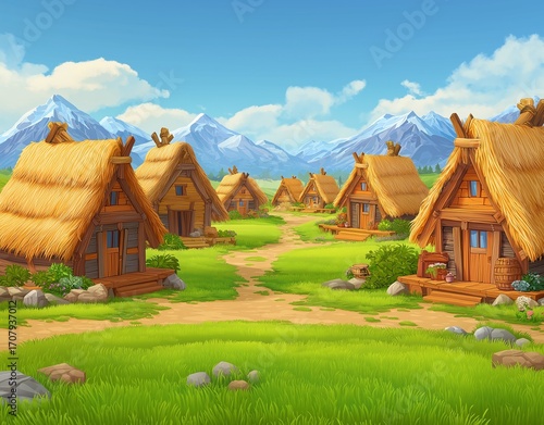 A picturesque village scene with wooden houses, thatched roofs, and a mountain backdrop under a bright sky.