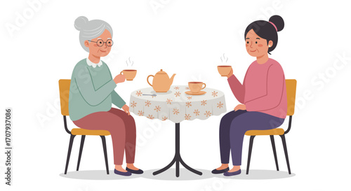 An elderly woman and a younger woman sitting at a table, drinking tea and having a conversation together.