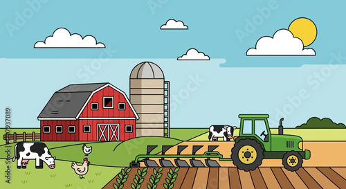 Green tractor plowing a field on a rural farm with a red barn.