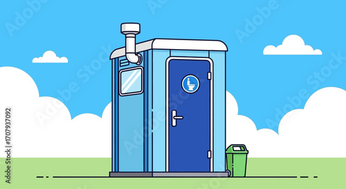 Cartoon Illustration of a Public Portable Toilet with Blue Exterior on a Sunny Day