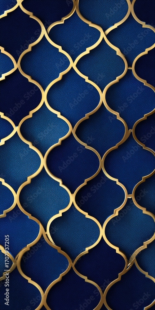 Fototapeta premium An elegant pattern of gold arabesque shapes on a deep blue background creates a luxurious, repeating geometric design with a subtle ombre effect
