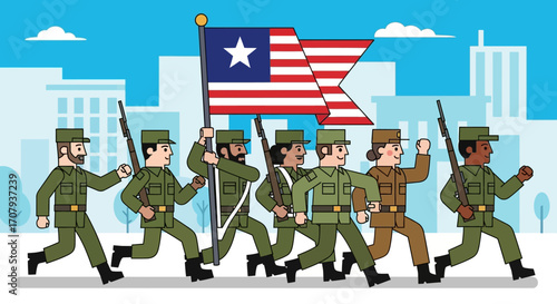 A diverse military unit marches proudly through a city, carrying their national flag high.