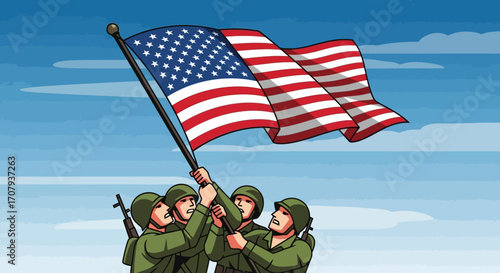 Soldiers raise the American flag against a blue sky, symbolizing pride and patriotism.