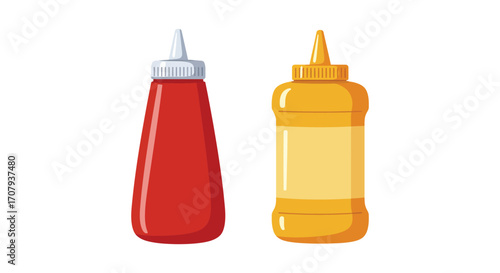 ketchup bottle next to mustard bottle on white background