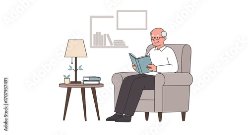An elderly man with glasses sits comfortably in an armchair, reading a book in his cozy living room illustration.